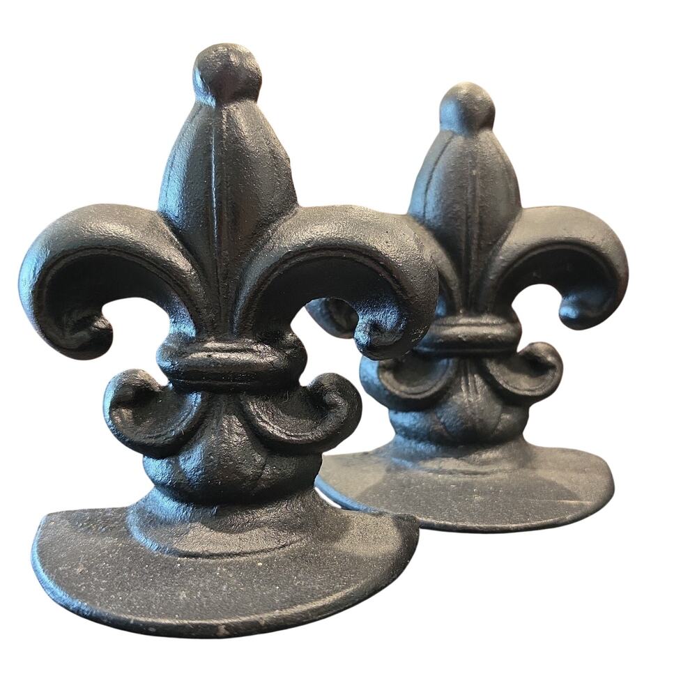 Vintage Cast Iron Fleur De Lis Bookends Pair Rustic Black Heavy Metal Book Ends